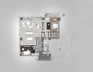 Open-plan living area with modern design elements and floor-to-ceiling windows.