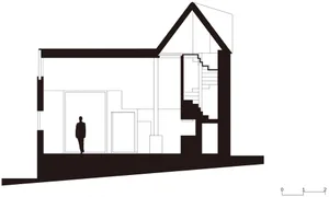 A minimalist interior space with a cross-sectional view showing the layout and design elements.