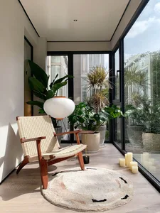 Modern minimalist living space featuring wood furniture, potted plants, and concrete flooring.