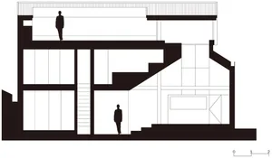 An architectural diagram of a modern interior space, featuring a variety of rooms and zones.