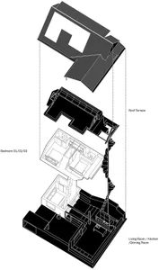 Floor plan of a modern residential building, showing various rooms and spaces.