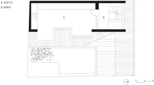 Black and white architectural drawing of a modern staircase floor plan.
