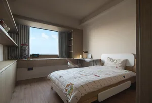Modern minimalist bedroom with a wooden bed and window overlooking blue sky.