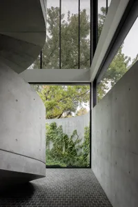 A modern house features a concrete garden walkway as the primary architectural element.