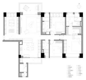 Floor plan layout of a modern residential apartment with detailed room labels and dimensions.