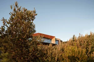 Modern residential house with wooden exterior and large glass windows and doors.