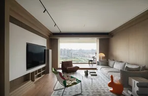 A modern living room featuring wood accents and a large window overlooking a cityscape.