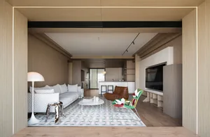 Modern contemporary living room with wood and contemporary furniture and textures.