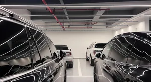 Automobile showroom interior with metallic finishes
