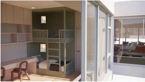 Modern bedrooms featuring wooden bunk beds and furniture