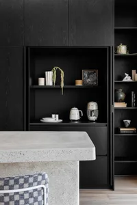 A modern kitchen with dark wooden cabinets and a concrete countertop.