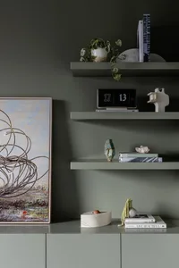 Modern floating shelves with green accents featuring vases, a clock, books, and plants against a dark green wall.