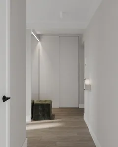 Modern hallway with white painted walls and wooden flooring, featuring minimalist design elements.
