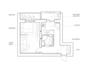 Floor plan of a modern kitchen with a balcony and an enclosed balcony.