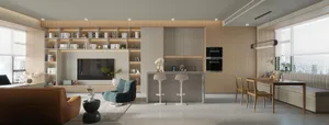 A modern living room featuring a cozy seating area with a brown sofa, a blue accent chair, and a stylish floating shelf with 