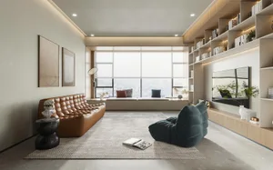 A modern minimalist living room with a brown leather sofa, a blue bean bag chair, and a large window overlooking a cityscape.