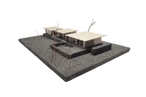 A modern minimalist house model rendered in three-dimensional perspective, showcasing wood materials and clean lines.
