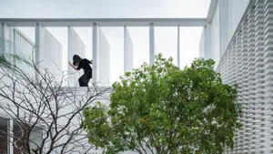 A modern interior space featuring metal framing and greenery against a white backdrop.