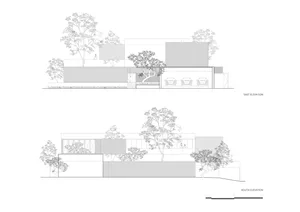 Low context modern house architectural blueprint with exterior details in minimalist design style.