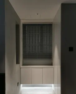 Modern, minimalist residential interior featuring metallic blinds and white cabinet storage.