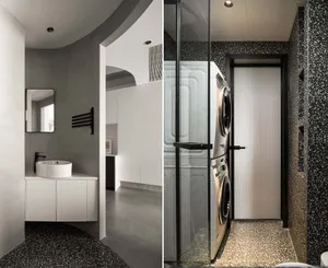 Modern bathroom and laundry room featuring ceramic tiles
