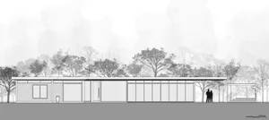 Modern exterior architectural rendering with large glass windows and a sloped roof.