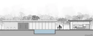 A modern house exterior featuring glass, concrete, and metal materials.