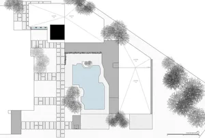 A modern residential pool with concrete surroundings and vegetation