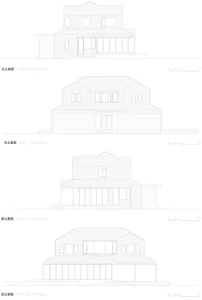 Drawing of a brick building's exterior, showing various views and dimensions.