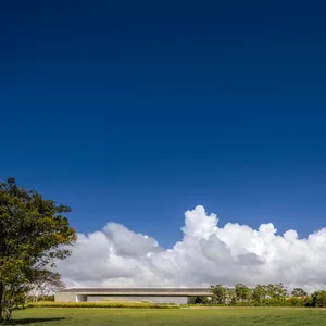 A modern building with a concrete facade surrounded by lush greenery and a clear blue sky.