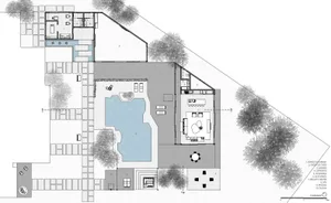 Floor plan of a modern residential building showing rooms and layout.