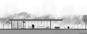 Modern residential interior with large glass walls and a living area with a fireplace and dining table.