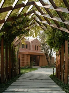 A pathway leading to a wooden pavilion surrounded by greenery, with a wooden pergola overhead.