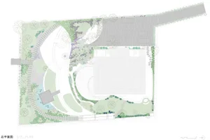 A detailed map of a landscape garden featuring mixed materials and various plants and pathways.