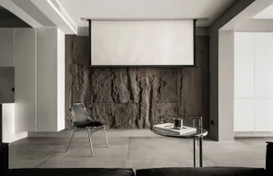 Modern living room featuring a concrete and metal interior design
