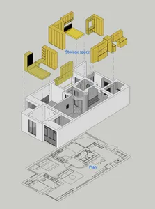 An architectural design of a modern apartment showcasing storage space.