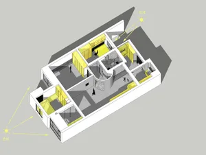 A modern apartment layout with mixed materials and yellow accents.