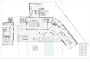 A detailed architectural floor plan of a modern residential space, featuring multiple rooms, a garden, and a pool area.