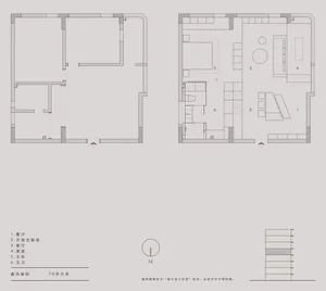 Minimalist architectural floor plan showing a layout with living areas, bedrooms, and bathrooms.
