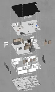 An illustrated rendering of a modern apartment floor plan, showcasing contemporary design elements and layout.