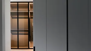 Modern minimalist closet featuring glass doors and shelves.