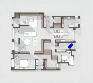Simplified floor plan of a modern apartment featuring various rooms and furniture in neutral tones.