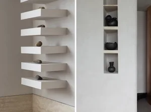 Concrete shelving unit in a modern architectural design.