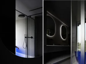 Contemporary bathroom with dark interior design and glass walls.