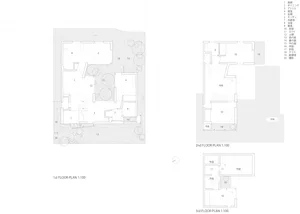 Floor plan of a modern house with living room, dining room, kitchen, and bathroom on the ground floor.
