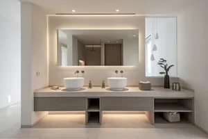 A minimalist bathroom with a double vanity and concrete finishes.