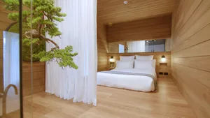 A minimalist bedroom with white bedding, wooden walls, and a potted tree in a white curtain enclosure.
