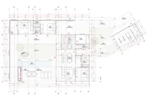 Modern residential house floor plan featuring wooden elements