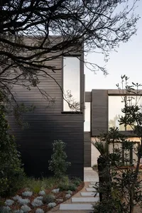 A modern house with dark wooden exterior walls and large windows.