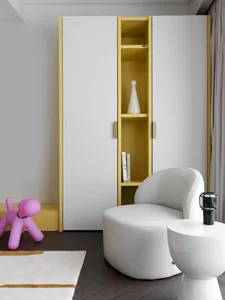 A modern bedroom with white leather furniture and a yellow bookshelf.